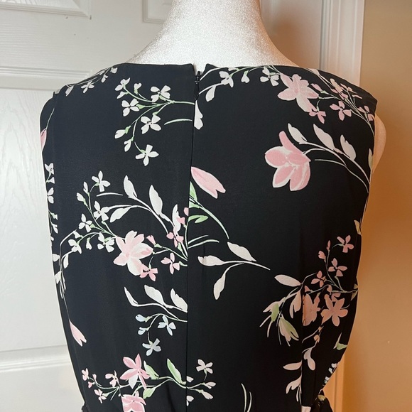 Anne Klein Midi Dress Black Pink Floral Sleeveless Belted Back Zip Stretch READ - Picture 4 of 6